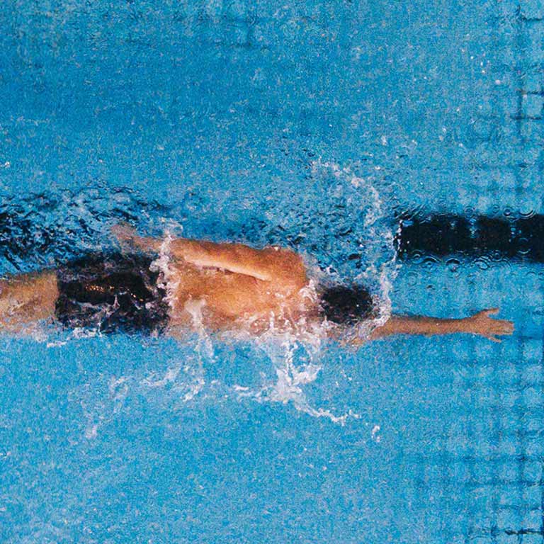 Male Swimmer Swimming with lane freestyle in Pool.